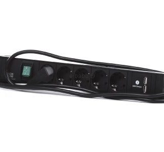 Удлинитель с розетками, многорозеточный, 5 розеток Schuko, 1 выключатель, 1 USB, 2 м - черный, 420...